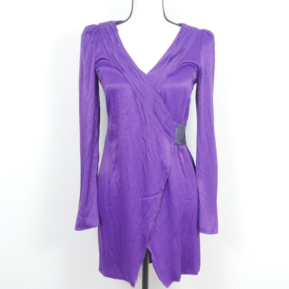 Rachel Zoe Purple Long Sleeve Deep V Disco Retro Boho Sequin Detail Dress